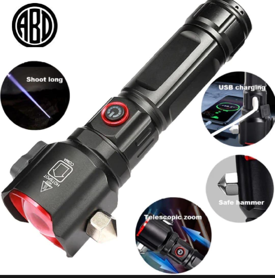 Rechargeable LED Torch with Safety Hammer & Zoom