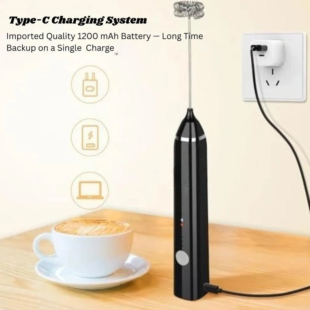 Electric Coffee & Milk Frother Handheld Mixer Black Stainless Steel