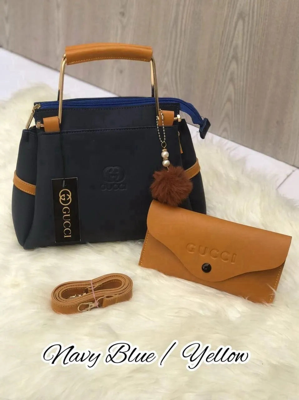 Navy Blue Leather Handbag Set with Wallet for Women