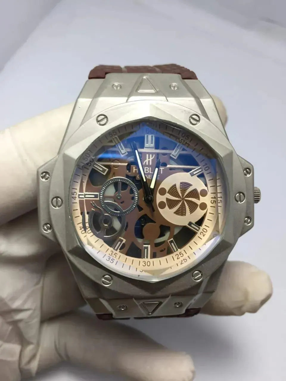 Men's Brown Rubber Strap Watch with Skeleton Dial