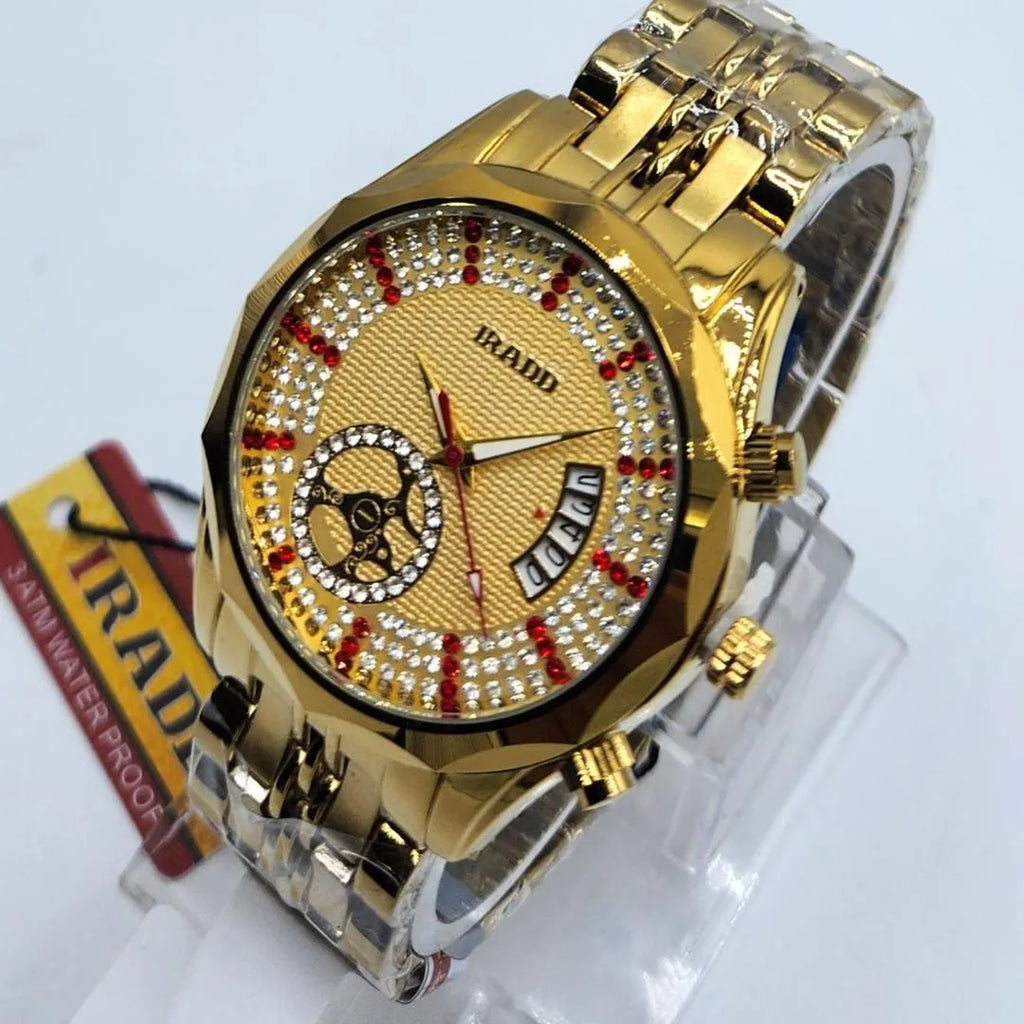 Luxury Gold-Tone Men's Watch with Crystal Dial & Quartz Movement