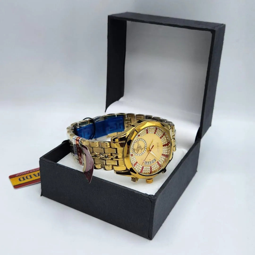Luxury Gold-Tone Men's Watch with Crystal Dial & Quartz Movement