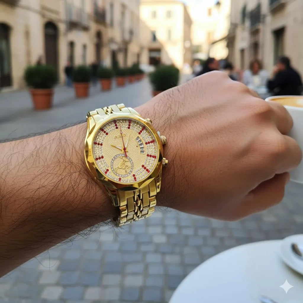 Luxury Gold-Tone Men's Watch with Crystal Dial & Quartz Movement