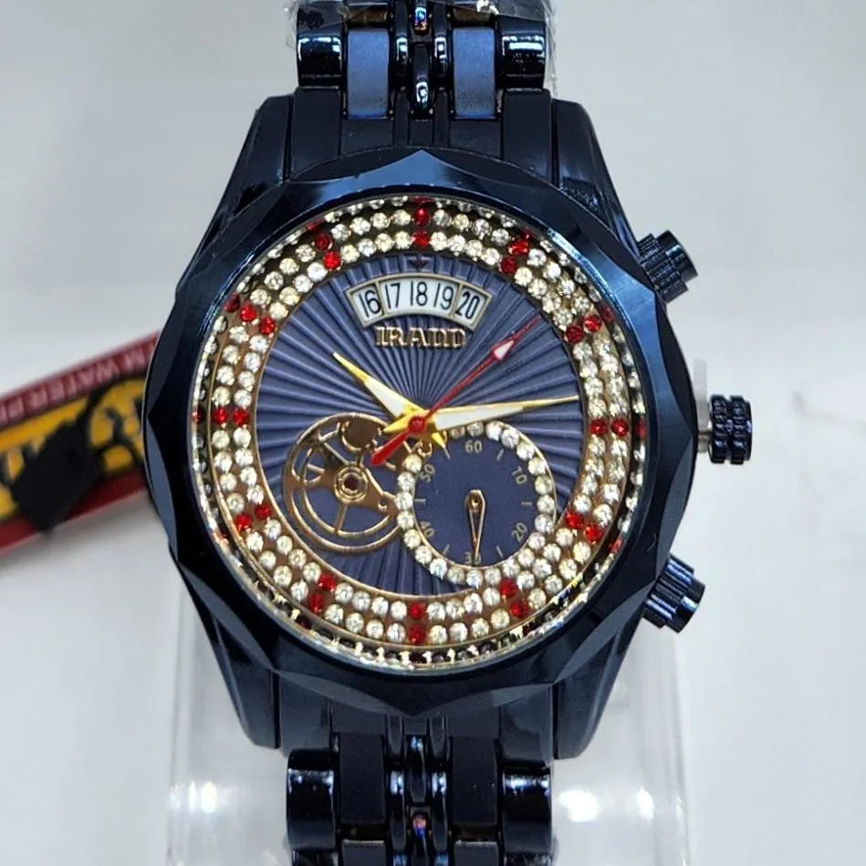 Men's Blue Crystal Ruby Watch Stainless Steel Chain Strap
