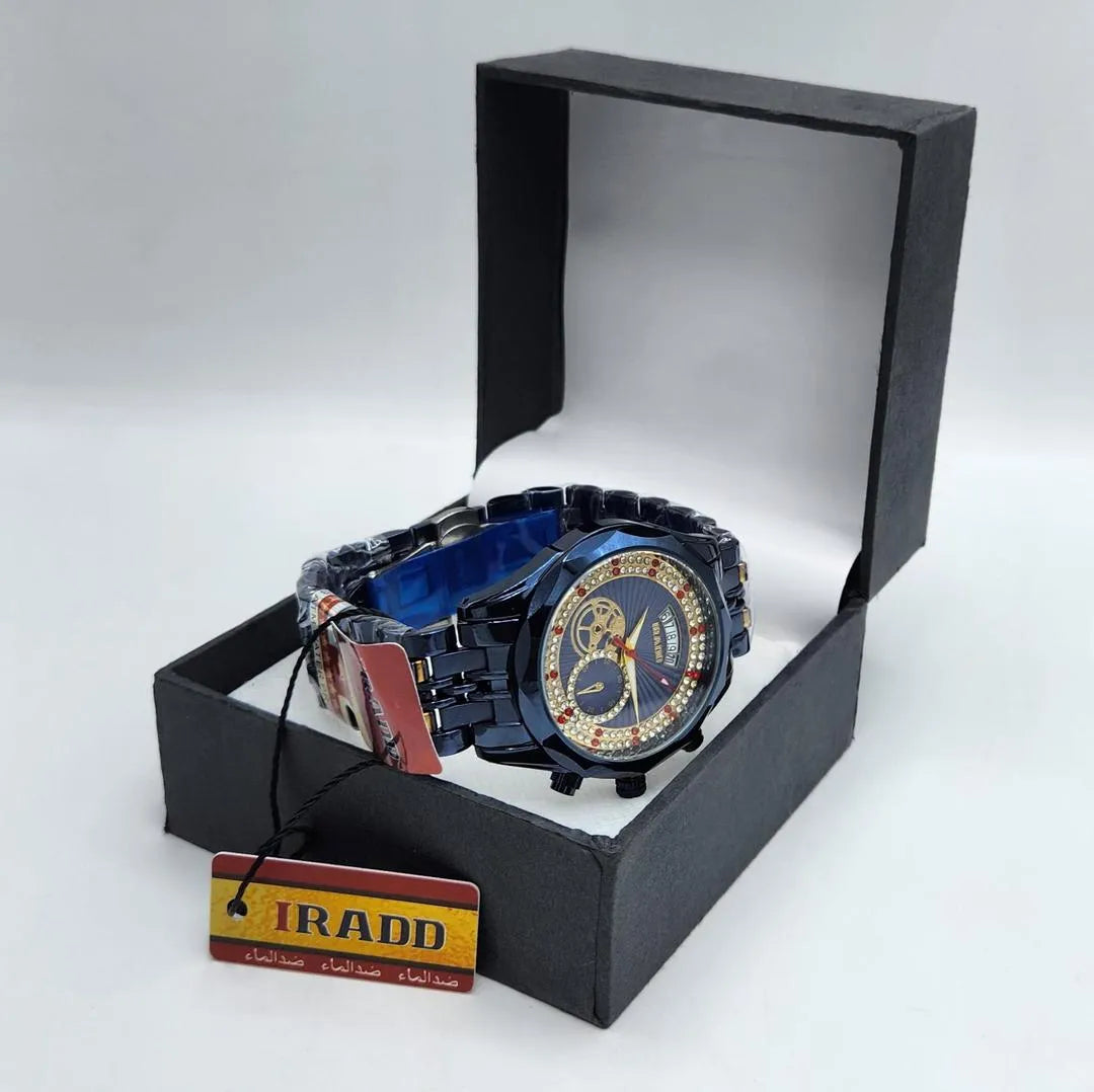 Men's Blue Crystal Ruby Watch Stainless Steel Chain Strap