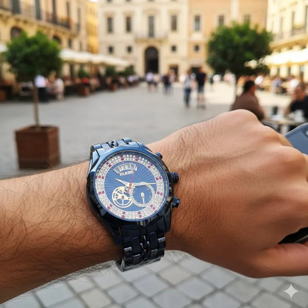 Men's Blue Crystal Ruby Watch Stainless Steel Chain Strap