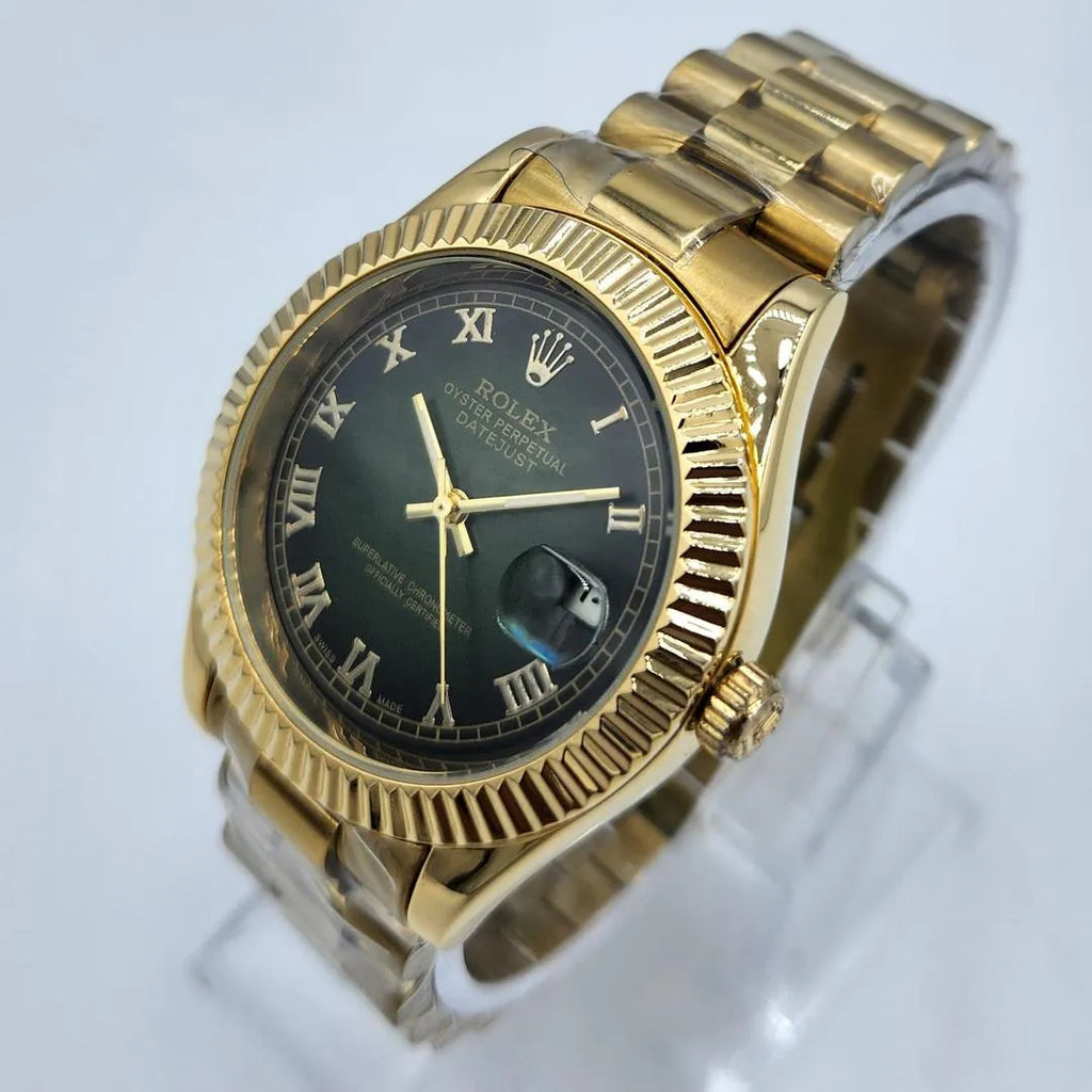 Oyster Watch Gold Rolex Fluted Bezel Olive Green Dial
