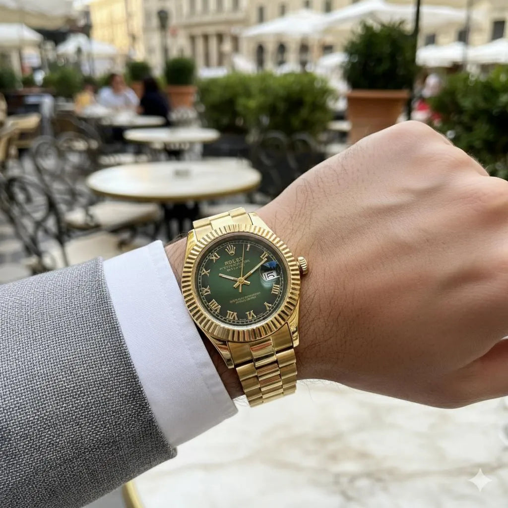 Oyster Watch Gold Rolex Fluted Bezel Olive Green Dial