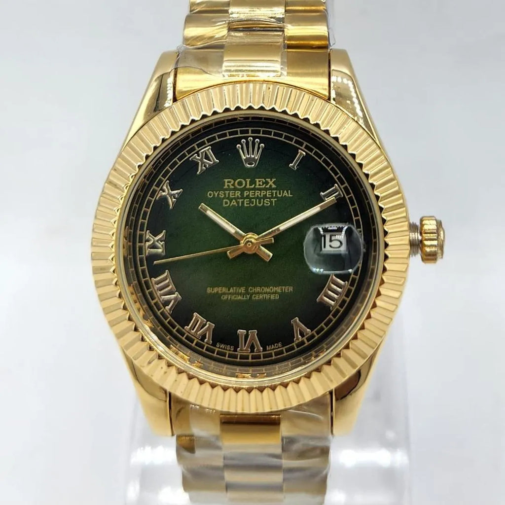 Oyster Watch Gold Rolex Fluted Bezel Olive Green Dial