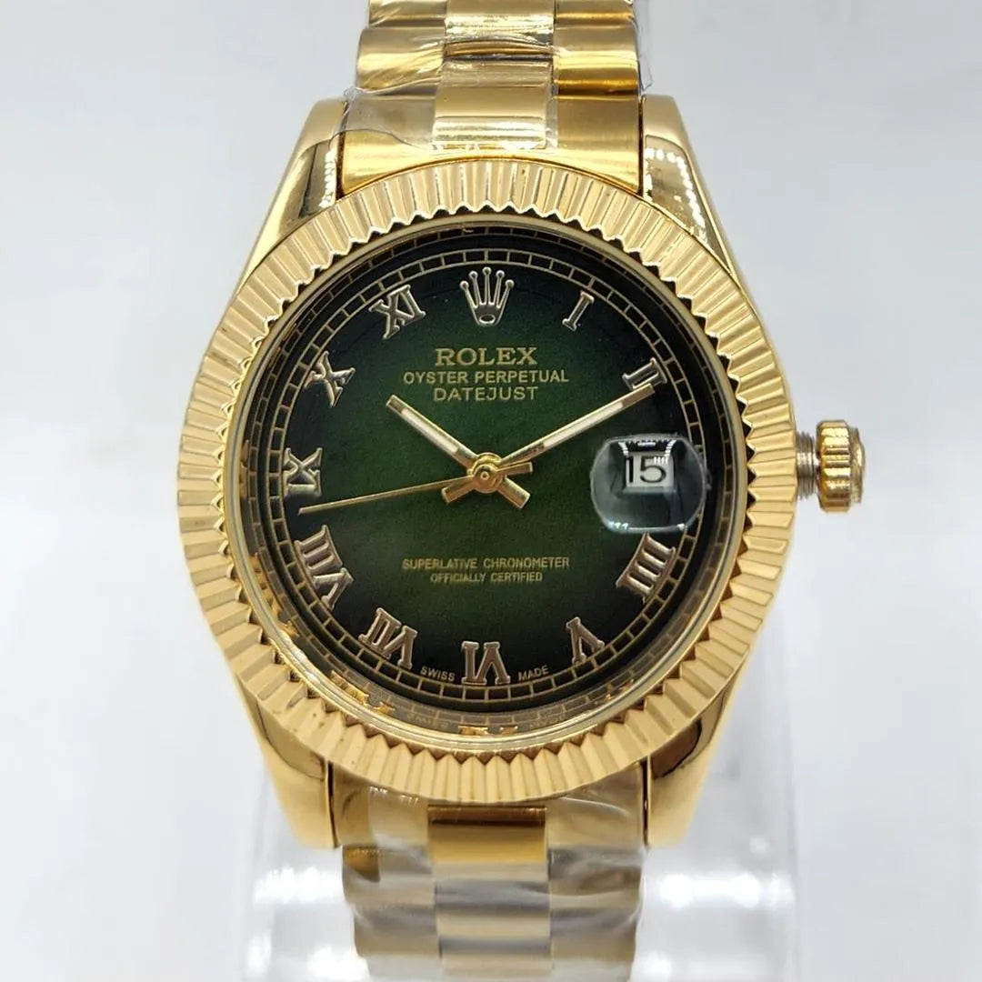 Oyster Watch Gold Rolex Fluted Bezel Olive Green Dial