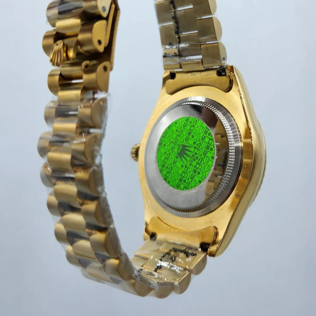 Oyster Watch Gold Rolex Fluted Bezel Olive Green Dial