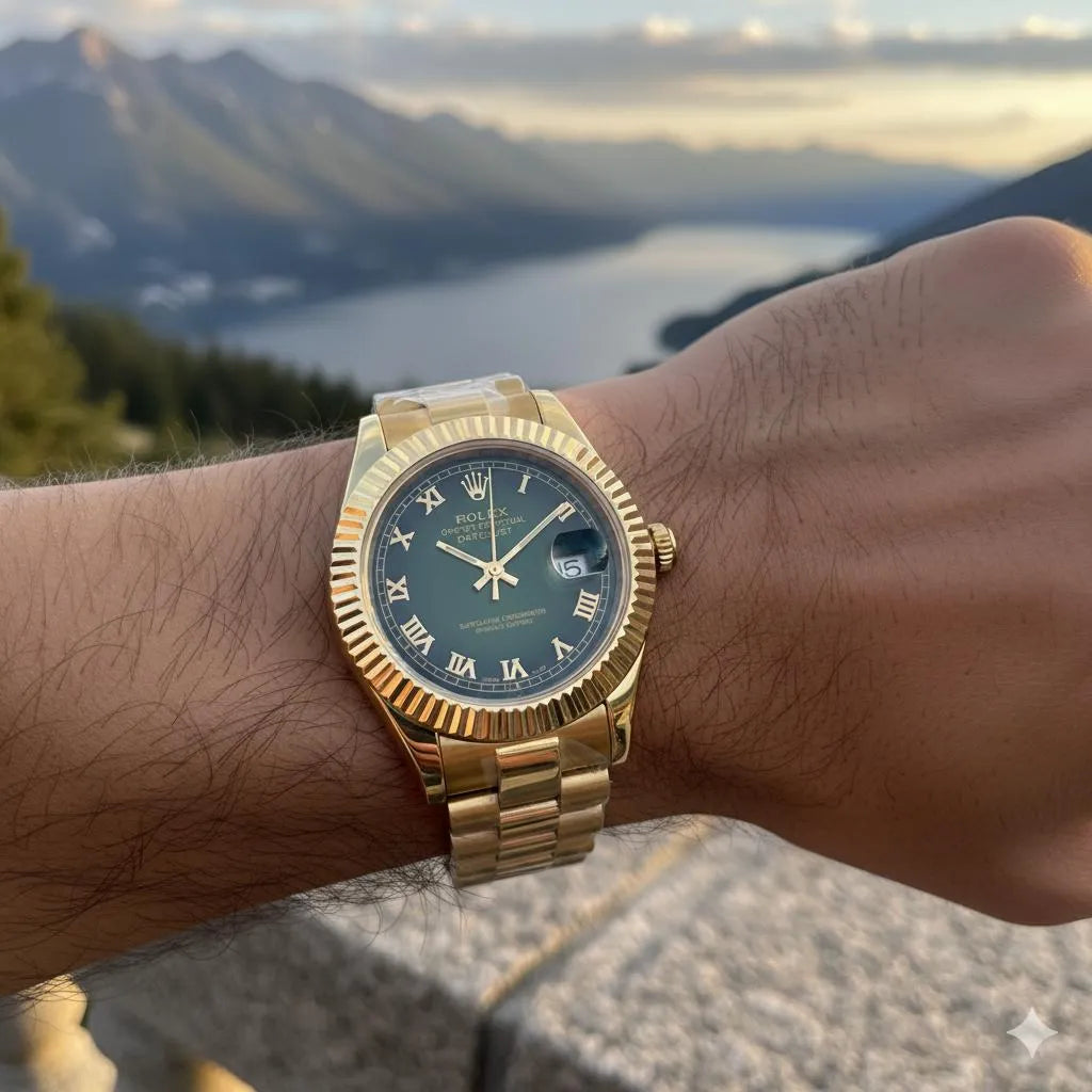 Oyster Watch Gold Rolex Fluted Bezel Olive Green Dial