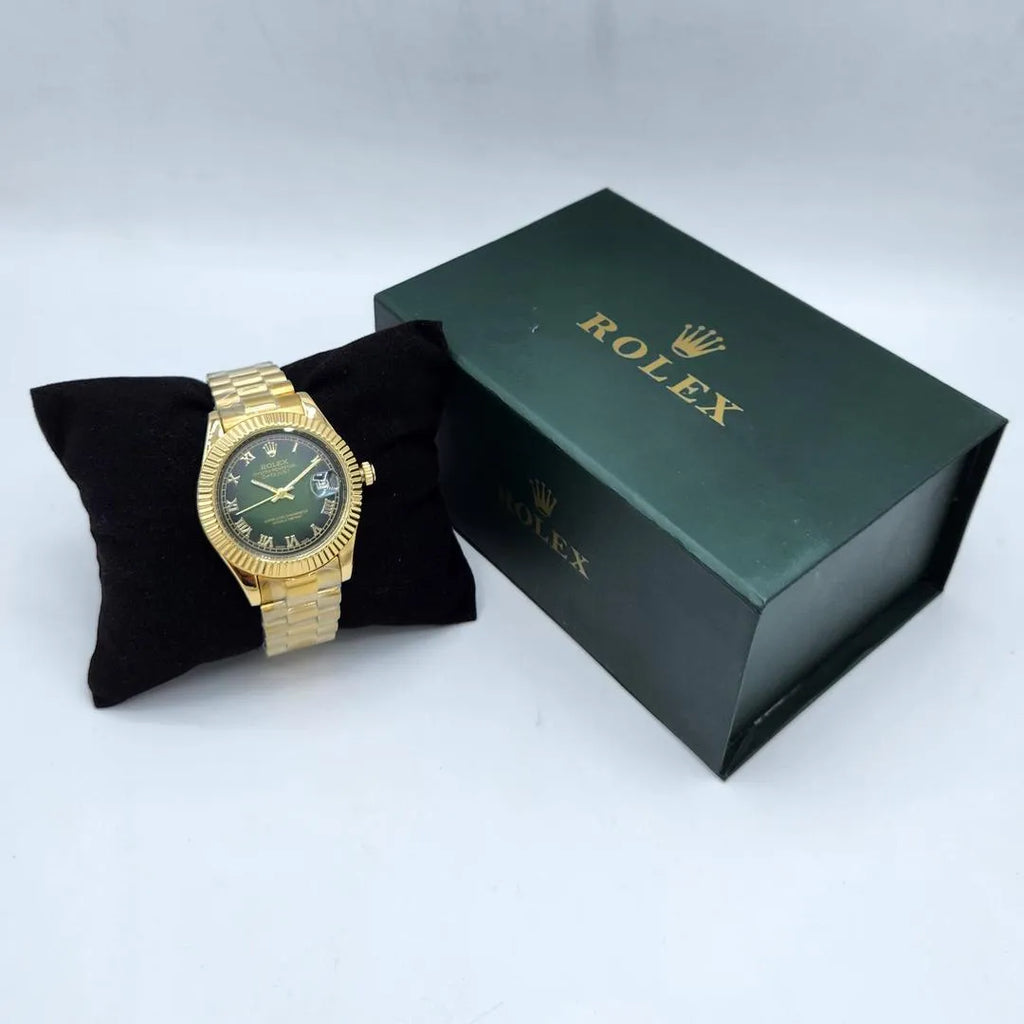 Oyster Watch Gold Rolex Fluted Bezel Olive Green Dial