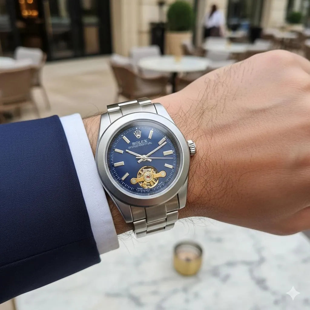 Stunning Blue Sunray Rolex Watch with Open Heart Window