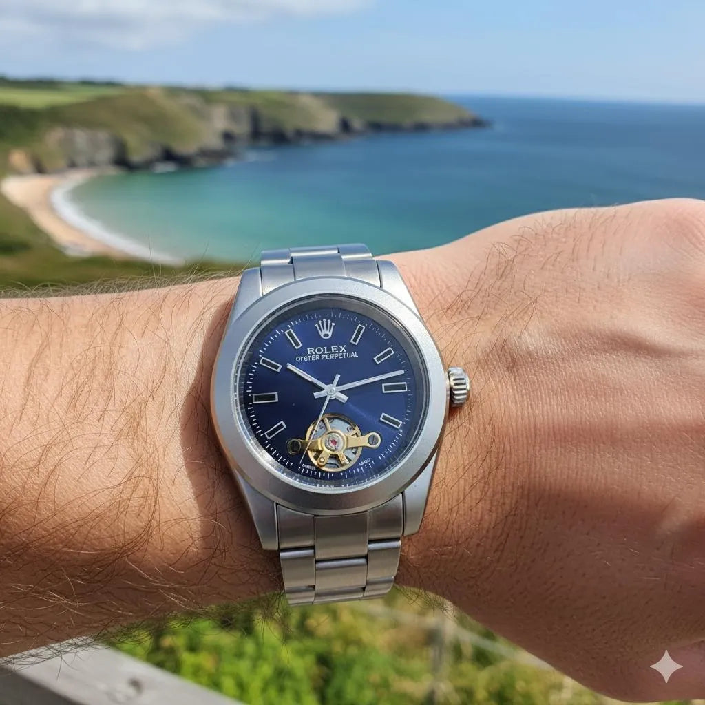 Stunning Blue Sunray Rolex Watch with Open Heart Window