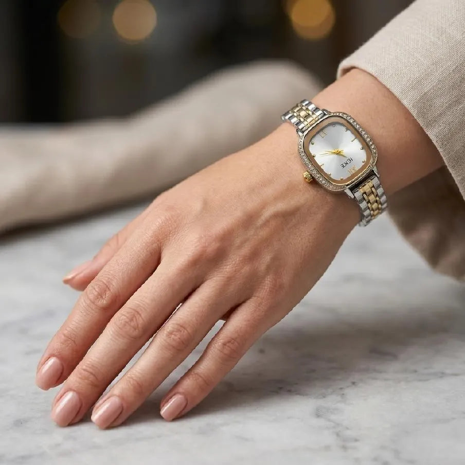 IEKE Women's Stainless Steel Watch Gold Silver Crystal Bezel