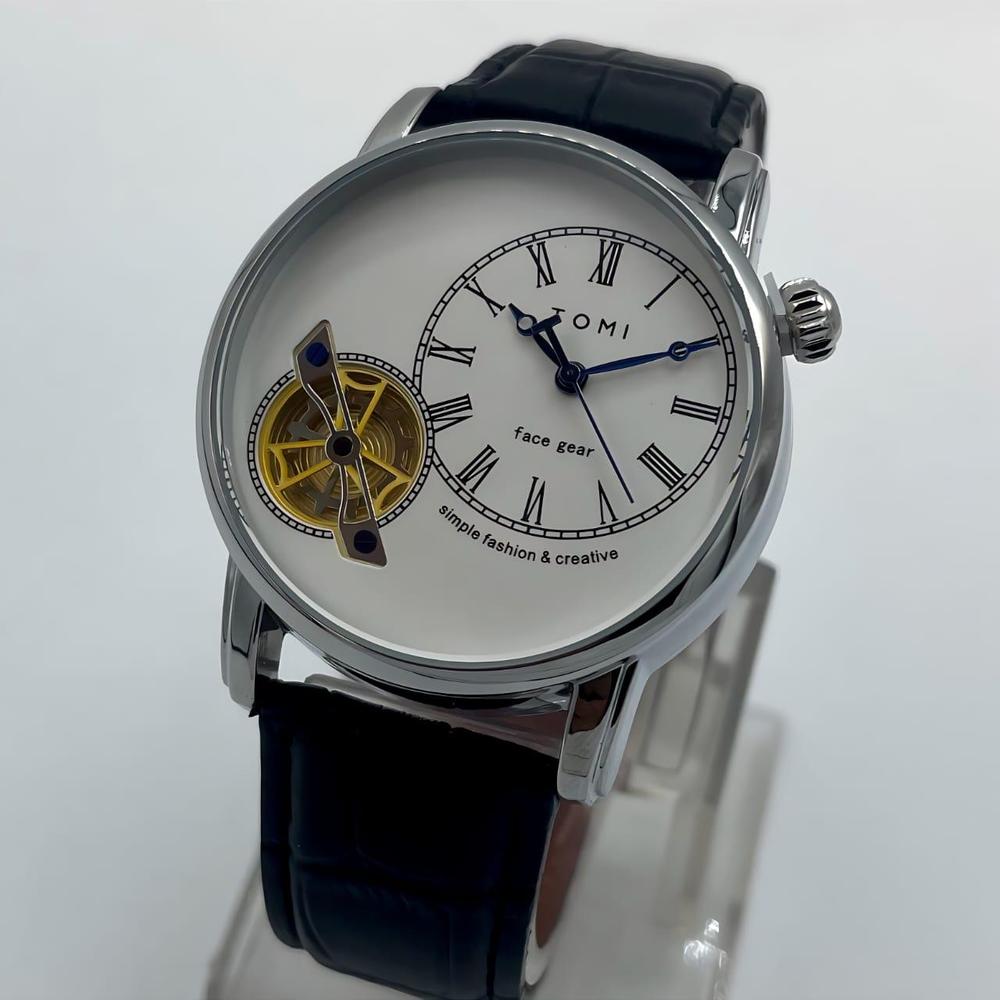Men's Stainless Steel Watch with Transparent Gear Mechanism Offwhite Dial